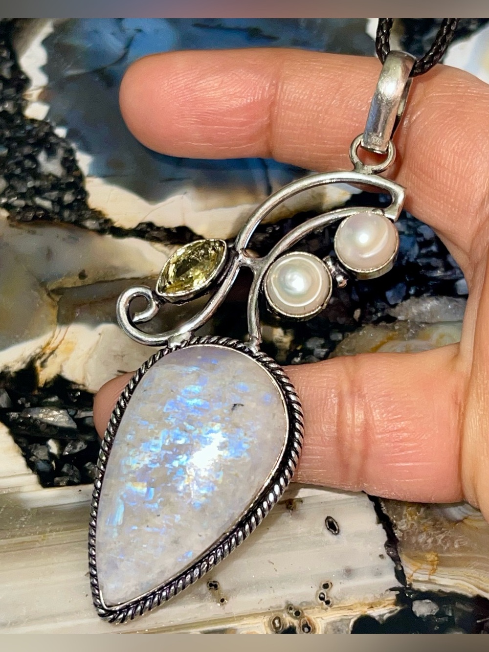 Rainbow Moonstone & Blister Pearl Crystal Pendant 3 1/4”